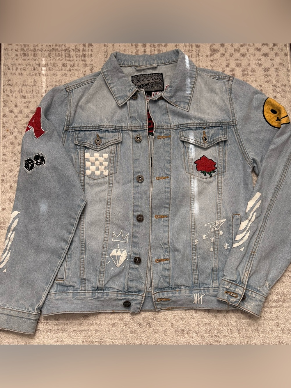 Light Wash Patch Denim Jacket with Embroidered Rose
